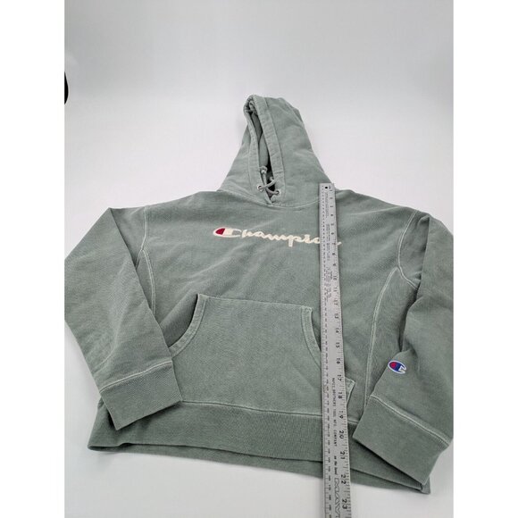 Champion Hooded Sweatshirt Womens Size Medium Green Drawstring Front Logo - Picture 3 of 7
